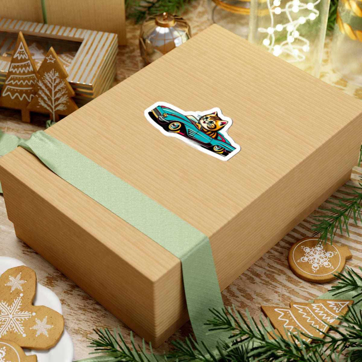 Playful Cat in Classic Car - Laptop Decal