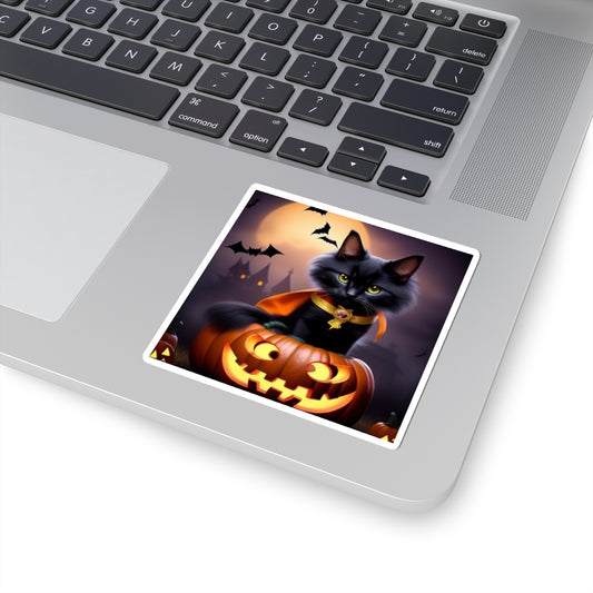 Fluffy Black Cat in Pumpkin - Laptop Decal