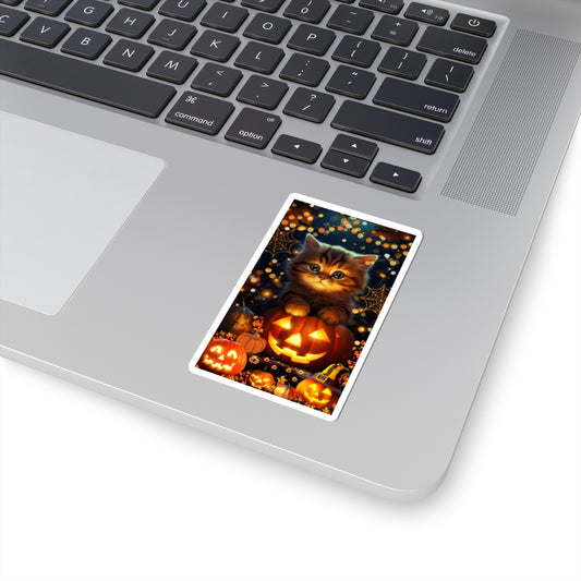 Halloween Kitten Glowing Pumpkin - Laptop Decal