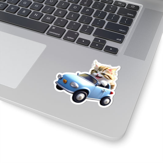 Cat Driving Car Blue - Laptop Decal