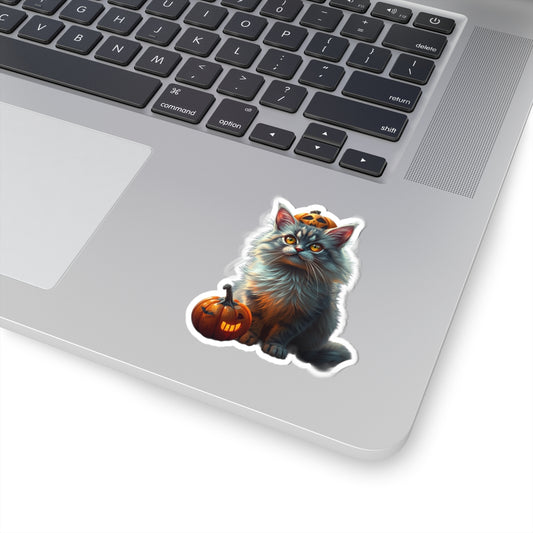 Fluffy Gray Halloween Pumpkin Cat - Laptop Decal
